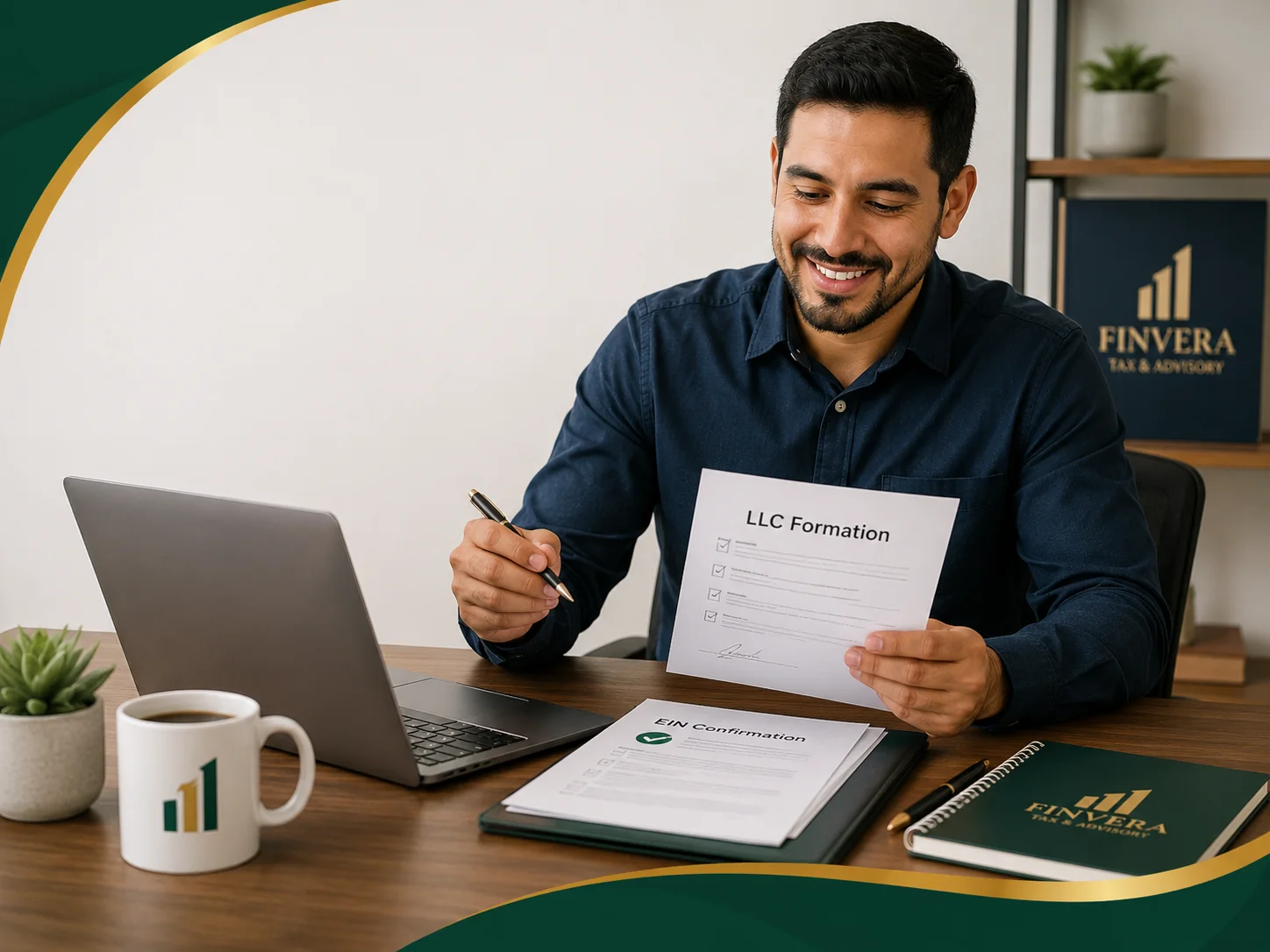 Dueño de negocio revisando documentos de formación de LLC y EIN