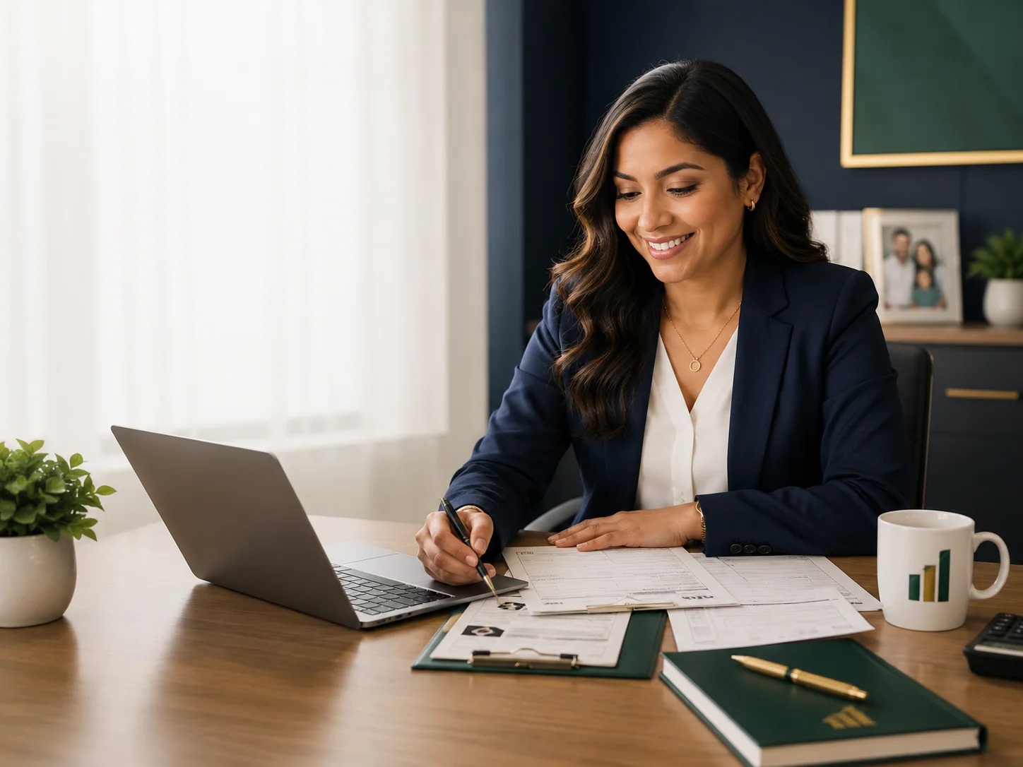 Asesora hispana preparando documentos de impuestos para Latino Tax